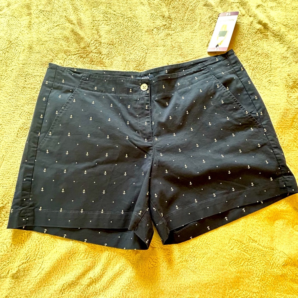 NWT Nautica navy blue shorts embroidered anchors cotton stretch twill Size 14